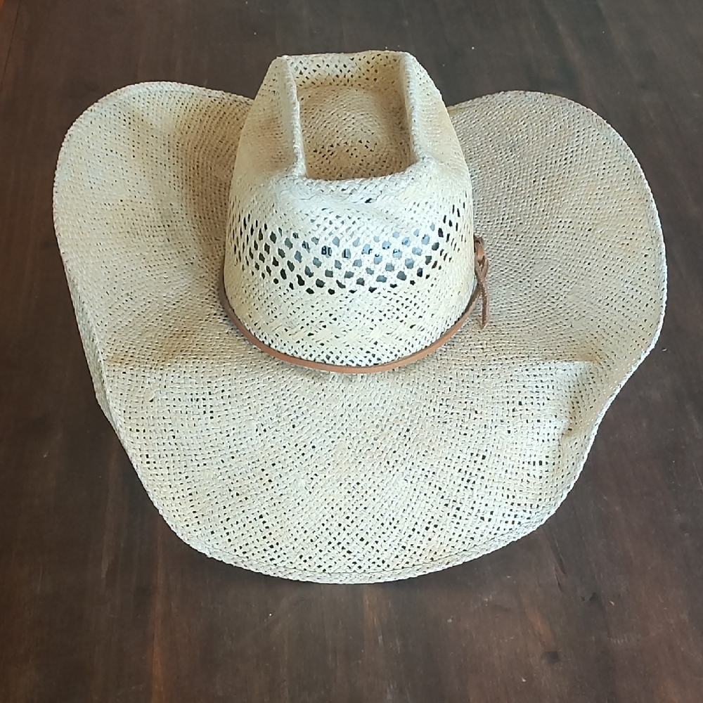 Straw Cowboy Hat With Brown Band 7 1/8